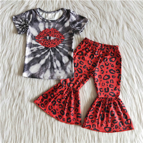 girl leopard lips short sleeve fall spring set