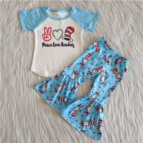 girl blue peace love read short sleeve fall spring set