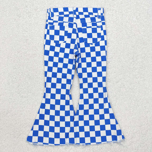 P0610 RTS baby girl clothes blue plaid gingham girl bell bottoms pant jeans