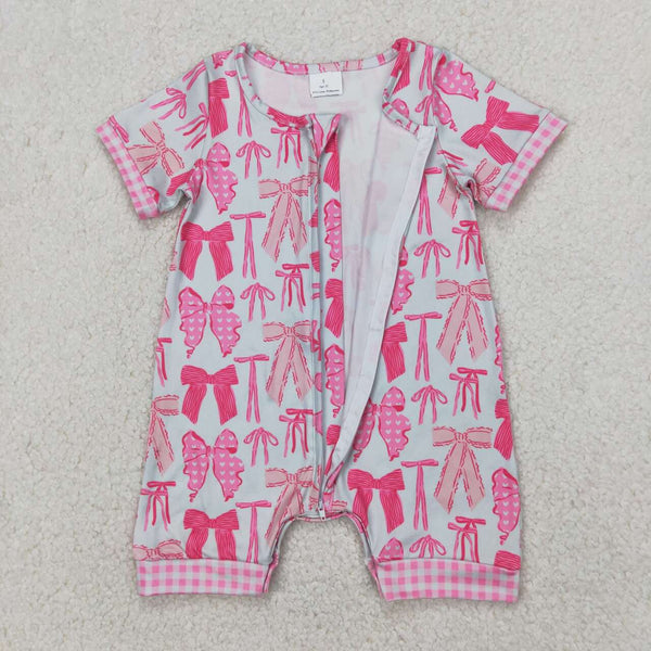 SR2771 RTS baby girl clothes pink bows toddler girl summer romper zip romper