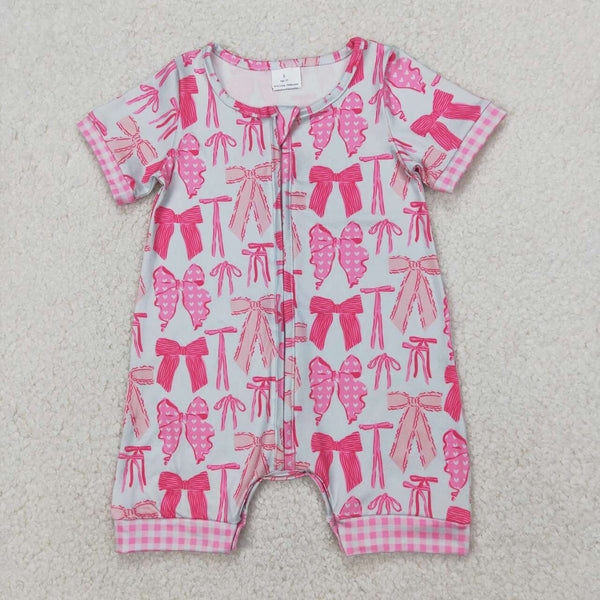 SR2771 RTS baby girl clothes pink bows toddler girl summer romper zip romper