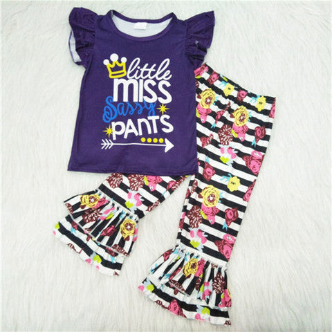 C11-10 girl miss pants purple floral stripe flower short sleeve fall spring set-promotion 2024.2.44 $2.99