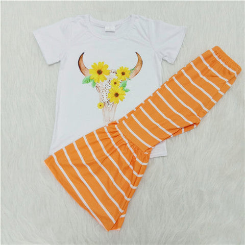 A13-3 girl orange stripe cow farm short sleeve spring fall set-promotion