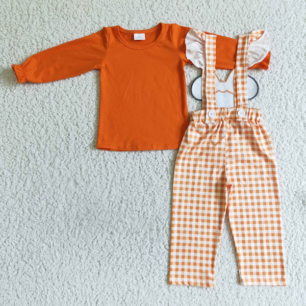 GLP0067 girl halloween clothes orange shirt+overalls