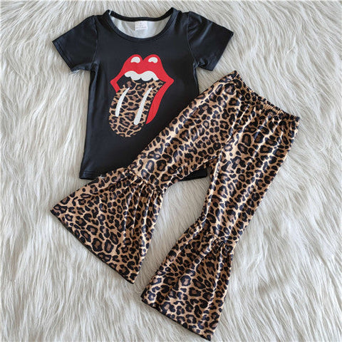 A3-16 girl black mouth tongue leopard short sleeve fall spring set--promotion 2025.3.1 $2.99