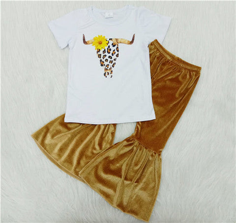 D2-11 girl cow yellow velvet bell bottom fall boutique kids clothing-promotion 2023.8.14