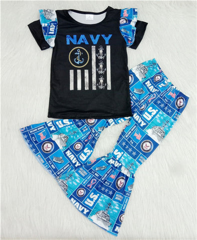 A1-17 baby girl clothes girl blue navy short sleeve spring fall set