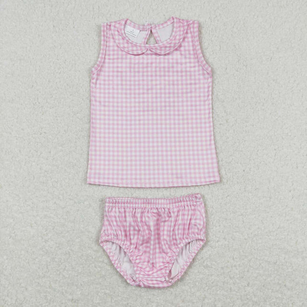 GBO0222 baby girl clothes pink plaid girl summer bummies set newborn summer clothes