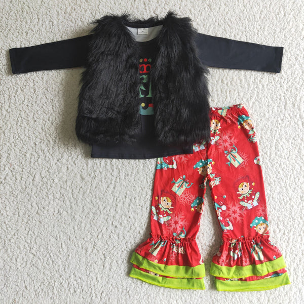 fur vest red cartoon christmas outfits baby girl clothes 5