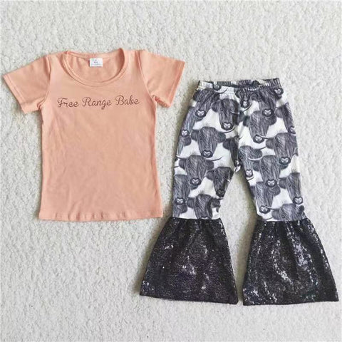 C13-5 girls  cow farm sequin fall spring short sleeve set-promotion 2024.7.20 $2.99