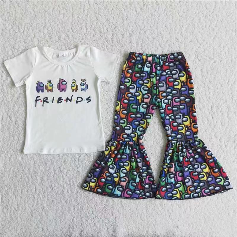 C15-20 Baby Girl Short Sleeve Friend Print Flared Pants Set-promotion 2024.6.22  $2.99