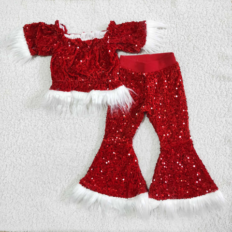 C7-23 girl winter red sequin fur bell pants set