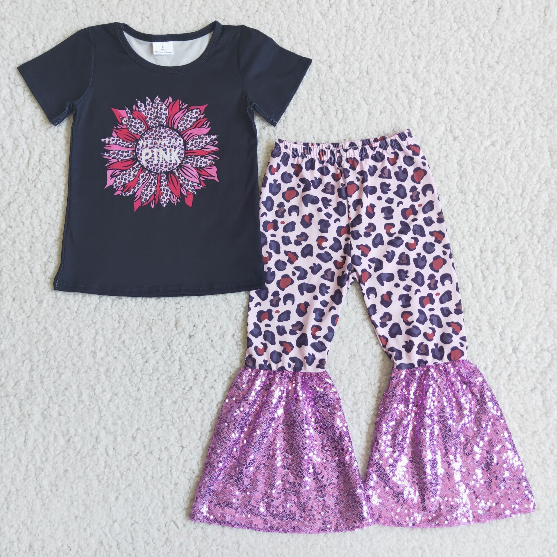 C4-21 girls flower leopard sequin fall spring short sleeve set-promotion 2024.8.10 $2.99