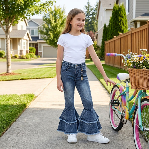 RTS C5-15 toddler girl clothes solid denim frayed flare pants