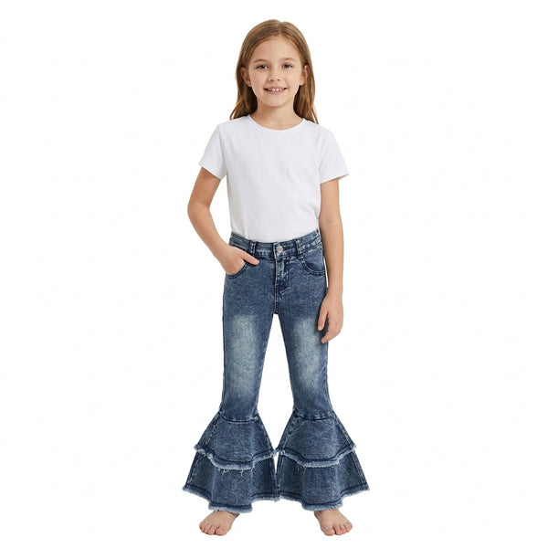 RTS C5-15 toddler girl clothes solid denim frayed flare pants