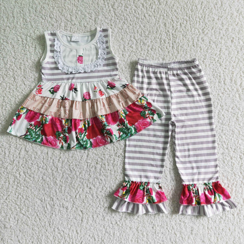 C5-18 girl grey stripe capris sleeveless spring fall set-promotion 2024.7.6 $2.99