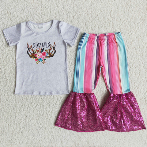 C5-24 girl stay wild sequin short sleeve fall spring set--promotion 2024.6.29 $2.99