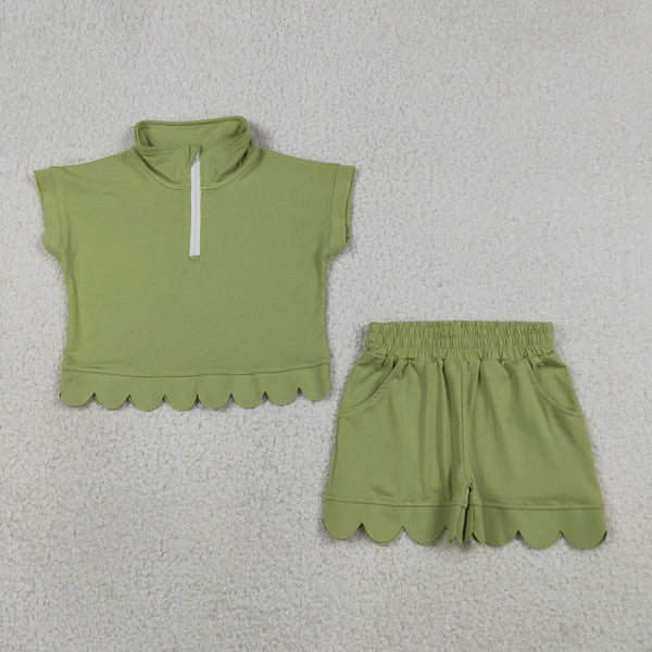 GSSO3375 RTS kids clothes green cotton girl summer outfit  clothing set summer shorts set