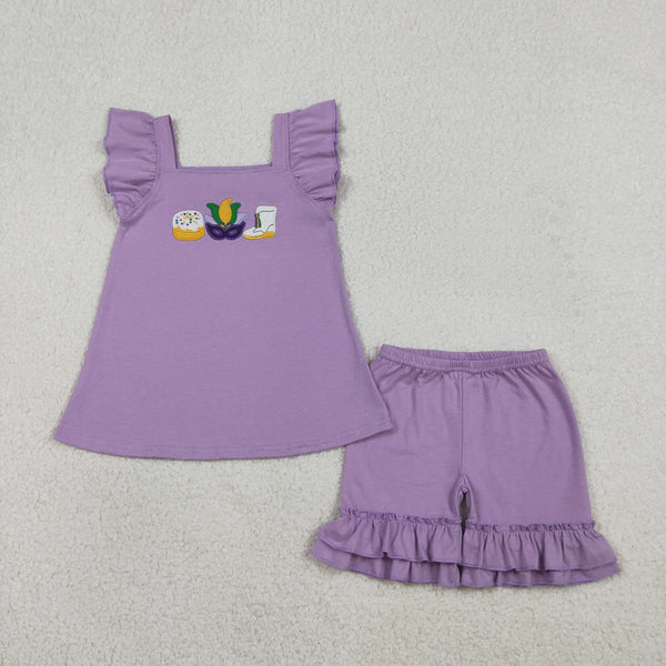 GSSO2828 RTS girl clothes purple mardi gras clothes embroidery toddler girl summer outfit