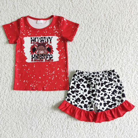 GSSO0043 girl clothing summer red howdy heifer short sleeve set-promotion 2024.5.11 $5.5