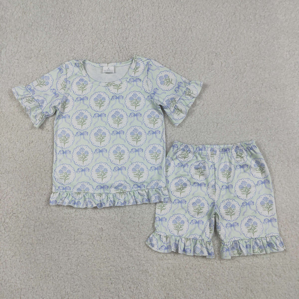 GSSO3323 RTS kids clothes floral bows girl summer shorts set ruffels outfit