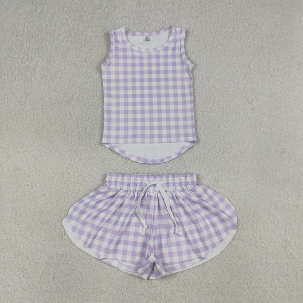 GSSO3477 RTS baby girl clothes purple gingham print toddler girl yoga summer outfit sports shorts set