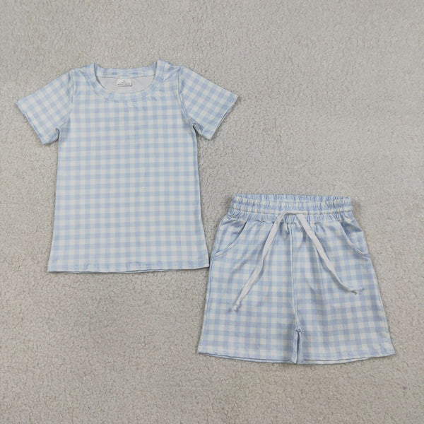 BSSO1896 RTS kids boy clothes blue plaid boy summer shorts set
