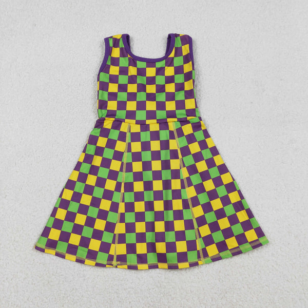GSD2946 RTS toddler clothes mardi gras  purple plaid girl yoga summer dress