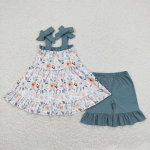 GSSO0562 baby girl clothes bluel flowers girl summer outfits