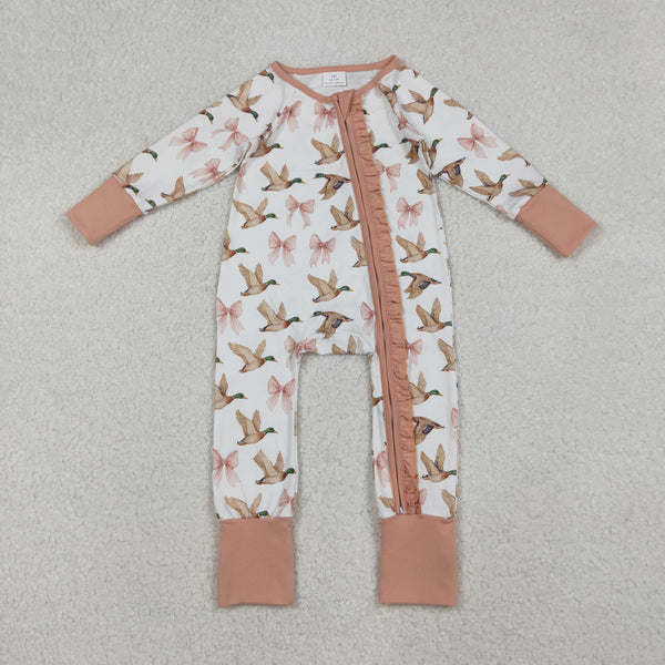 LR2545 RTS baby girl  clothes mallard bows girl  winter romper zip romper
