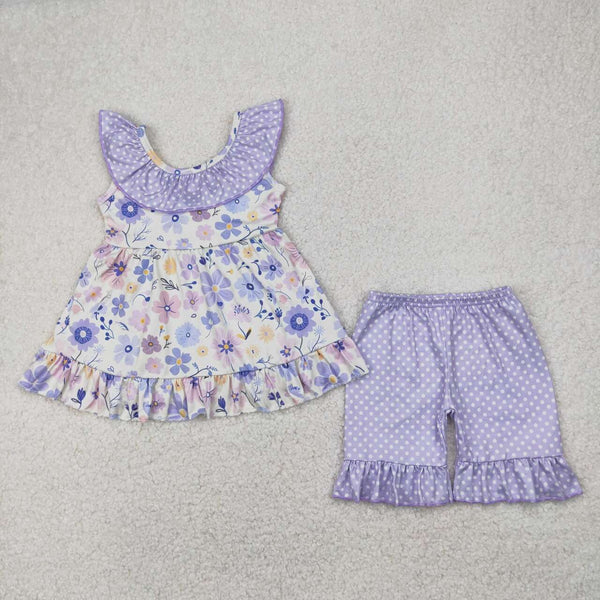 GSSO2306 RTS girl clothes purple floral girl summer set