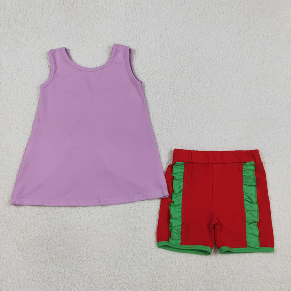 GSSO3465 RTS kids clothes purple cotton girl summer outfit  clothing set summer shorts set