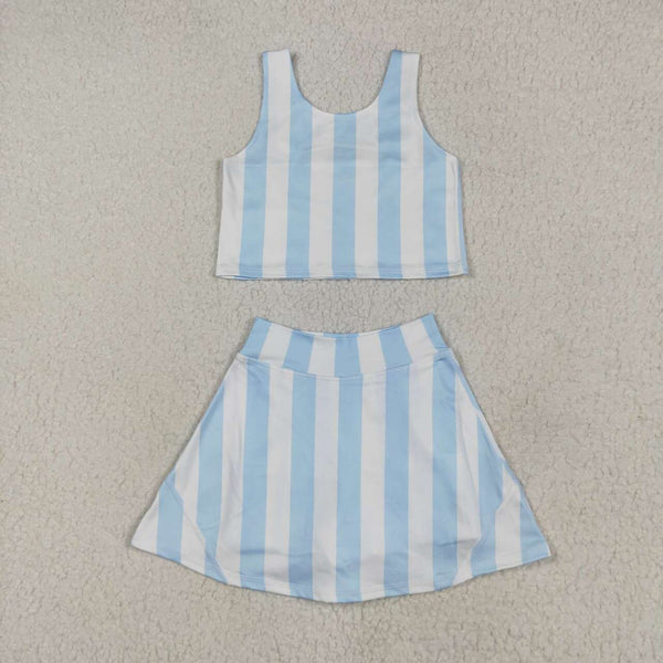 GSD2433 RTS girl clothes blue stripe girl summer set yoga clothes atheletic clothes