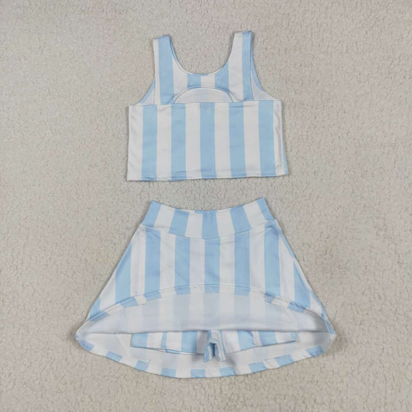 GSD2433 RTS girl clothes blue stripe girl summer set yoga clothes atheletic clothes