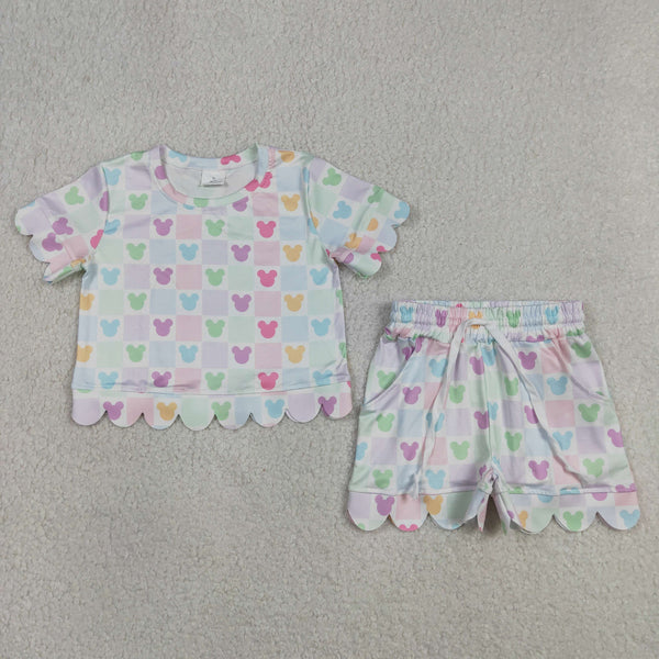 GSSO3496 RTS kids clothes cartoon mouse scalloped girl summer outfit  clothing set summer shorts set