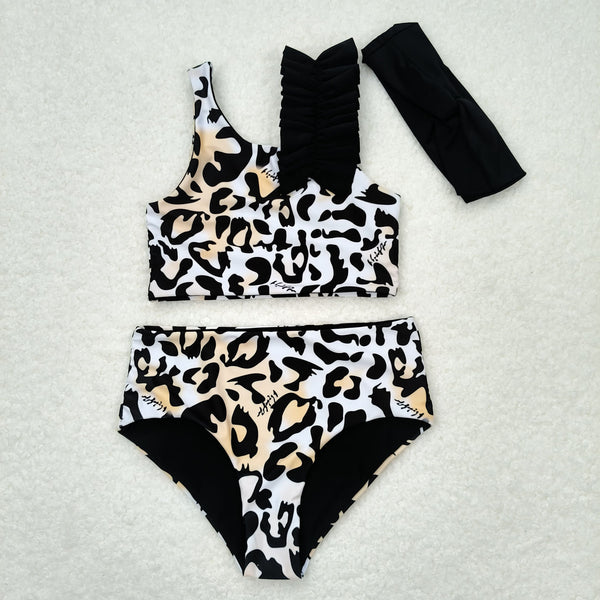 S0223 RTS baby girl clothes orange leopard pattern girl summer swimsuit(swimsuit+headband)