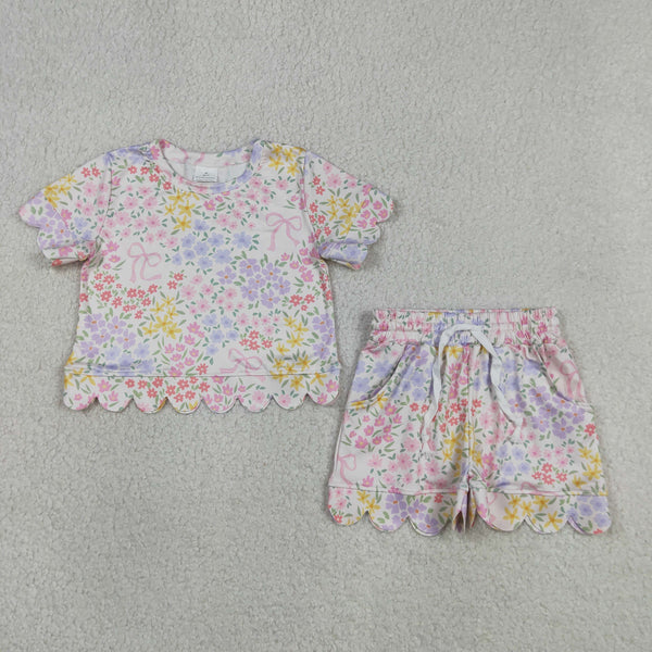 GSSO3270 RTS kids clothes flower girl summer clothing set scalloped summer shorts set