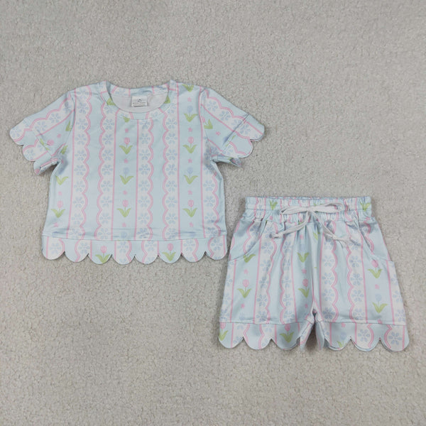 GSSO3412 RTS kids clothes flower scalloped girl summer outfit  clothing set summer shorts set