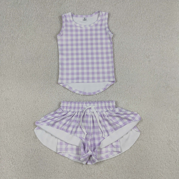 GSSO3477 RTS baby girl clothes purple gingham print toddler girl yoga summer outfit sports shorts set