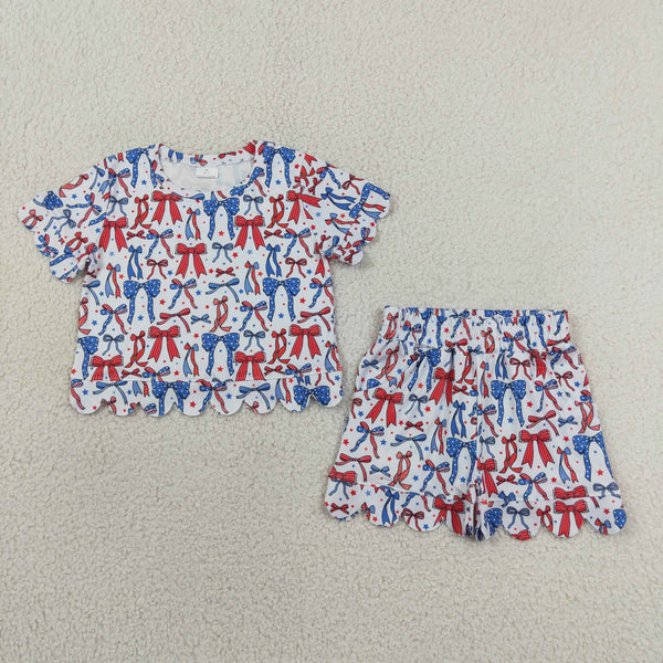 GSSO3548 RTS kids clothes bows  girl 4th of July summer outfit scalloped shorts set