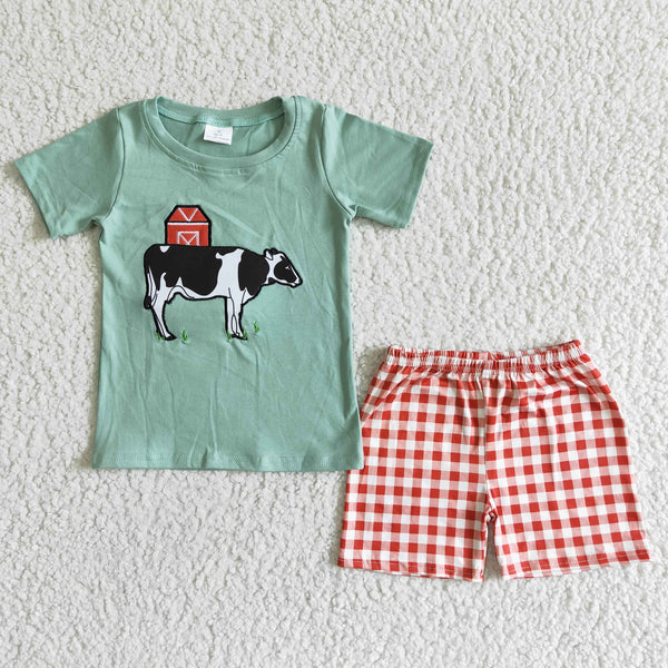 boy clothes green cow summer short sleeve set