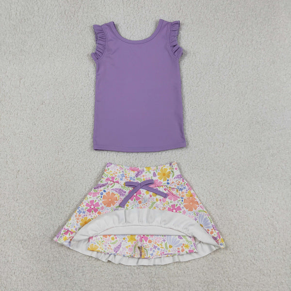 GSD3771 RTS baby girl clothes purple floral toddler girl yoga summer outfit sports clothing set