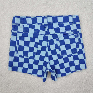 SS0093 RTS baby girl clothes blue plaid denim shorts summer bottom