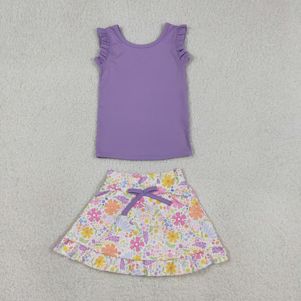 GSD3771 RTS baby girl clothes purple floral toddler girl yoga summer outfit sports clothing set