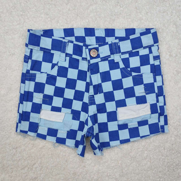 SS0093 RTS baby girl clothes blue plaid denim shorts summer bottom