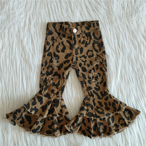 C7-13 teenage girls clothing girls pants leopard jeans girls bell bottom pants