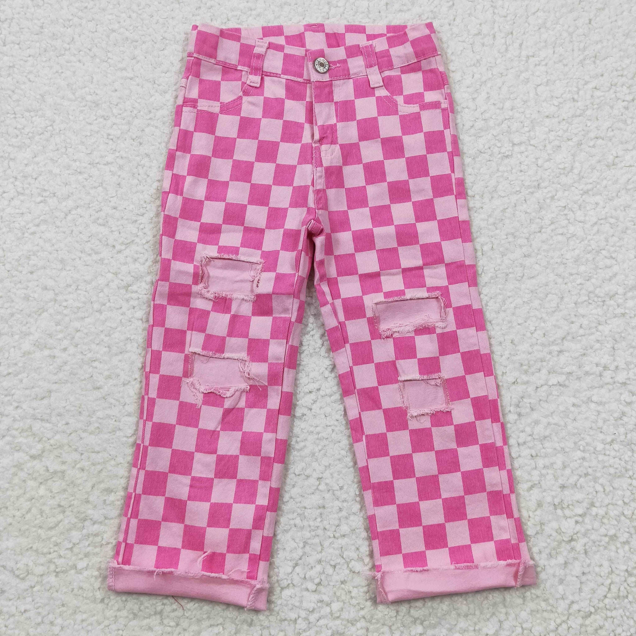 P0096 RTS kids clothes girls jeans pink plaid denim pant