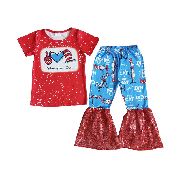 E13-27 girl clothes red cartoon short sleeve bell bottom sequin set