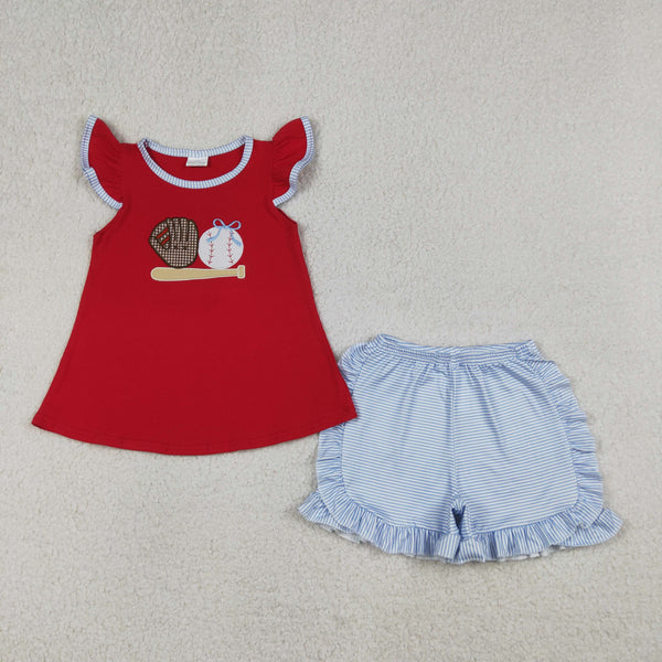 GSSO3246 RTS kids clothes baseball girl summer clothing embroidery set summer shorts set