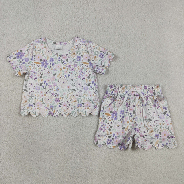 GSSO3267 RTS kids clothes flower girl summer clothing set scalloped summer shorts set